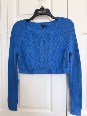 Express Cropped Cable Knit Crew Sweater - Blue